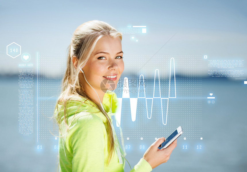 听户外音乐的妇女技术手机有氧运动耳机音乐播放器韵律曲线减肥健康脉冲图片