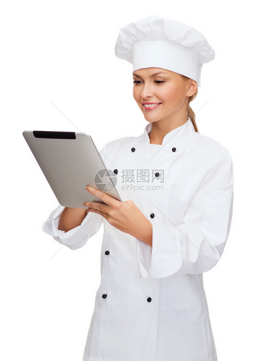 配有平板电脑的笑着女厨师互联网管理人员食物服务药片美食女士帽子女孩职业图片