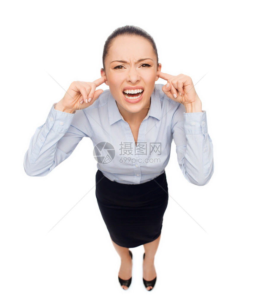 商业女商务人士闭着耳朵尖叫侵略女性愤怒拉丁挫折焦虑成人乐趣震惊女士图片
