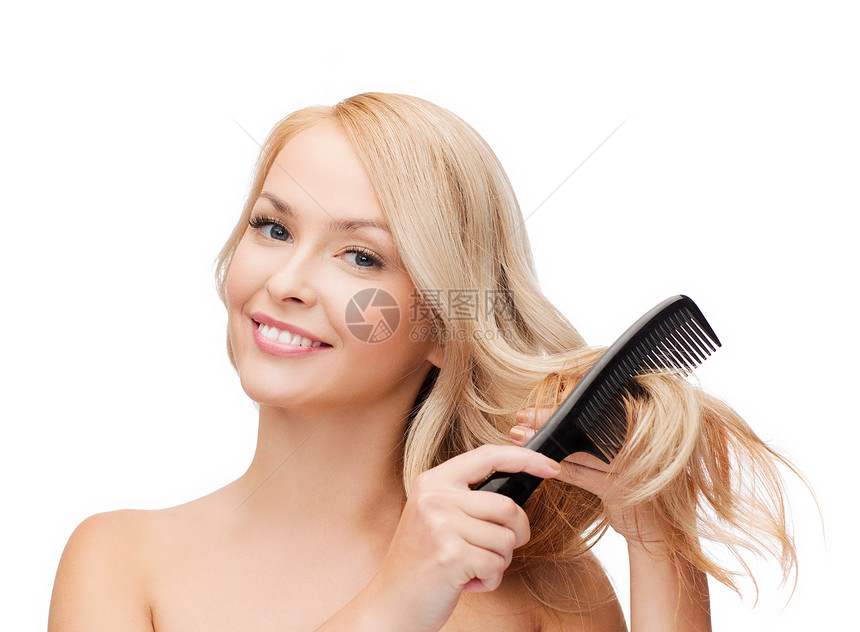 带着梳理头发的微笑着的妇女女士面具洗发水染色理发奢华刷子调子光泽度配饰图片