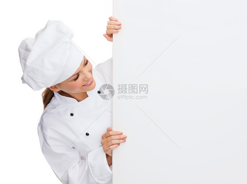 带白白板的笑着女厨师工作面包木板女孩助手横幅帽子餐厅女性食谱图片