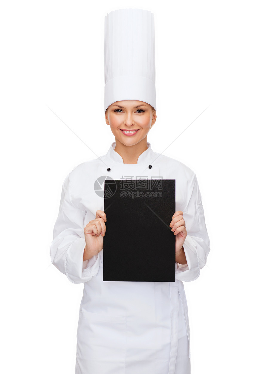 带黑白纸 微笑着的女厨师管理人员广告成人美食女士帽子食物菜单黑板床单图片
