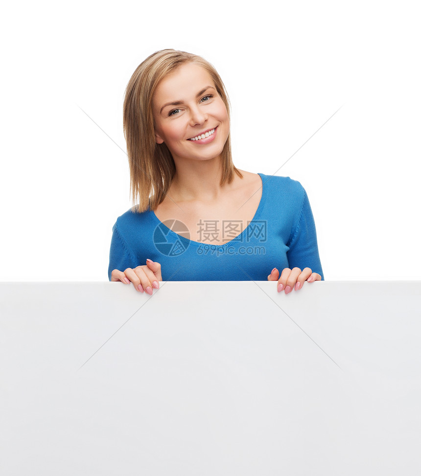 穿着带白白白板的毛衣 微笑着笑容的女人学生白色广告销售季节性快乐木板女性季节青少年图片