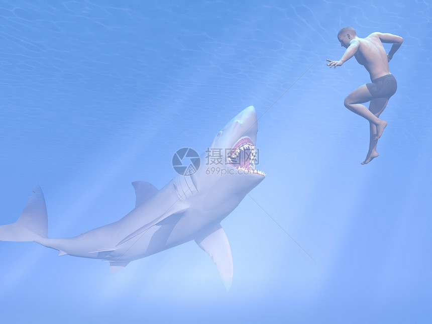 鲨鱼攻击  3D危险蓝色游泳者海洋游泳捕食者白色牙齿光线男人图片