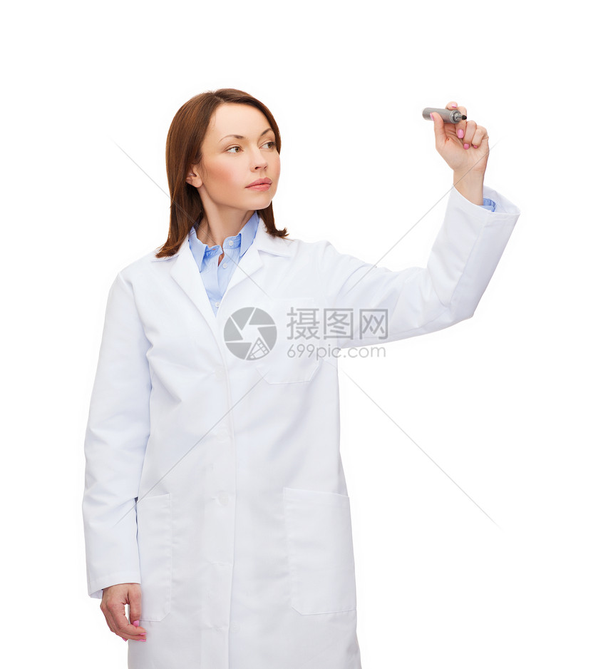 年轻女医生在空气中写一些东西医院女士保健工人医疗保险技术同事药品职业职员图片