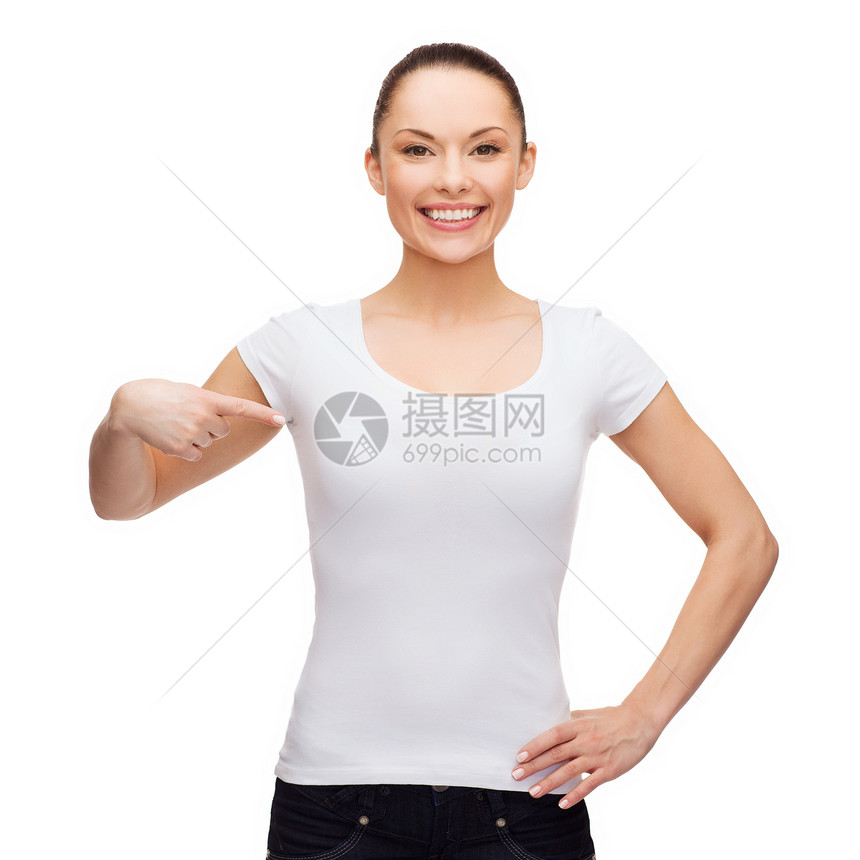 穿着白白白色衬衫的笑着女人棉布女士女性快乐青少年打印拉丁微笑手指广告图片