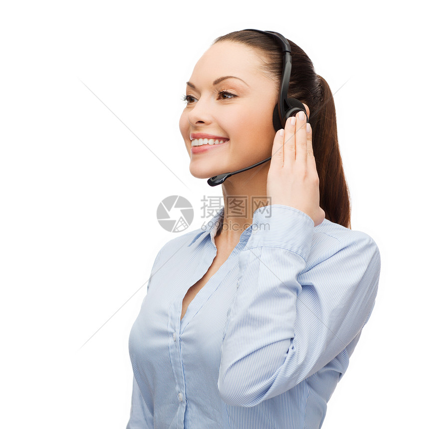 使用耳机的友好女性求助热线接线员商务操作员助手顾客女孩人士拉丁代理人服务帮助图片