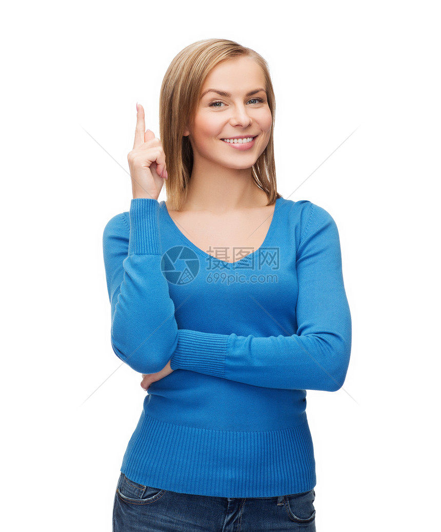 微笑的女人指着她的手指教育想象学生衣服幸福公告快乐暗示广告女孩图片
