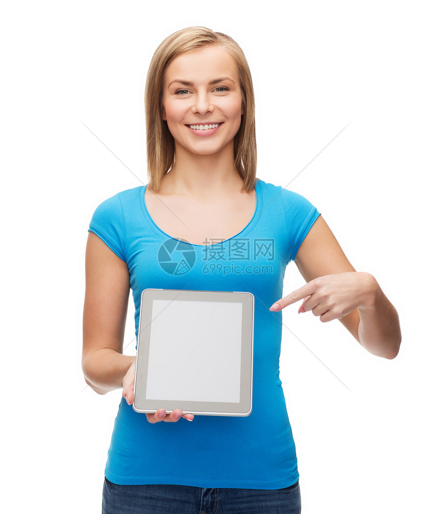 带平板电脑的微笑女孩广告展示药片快乐微笑女孩女性学生屏幕手指图片