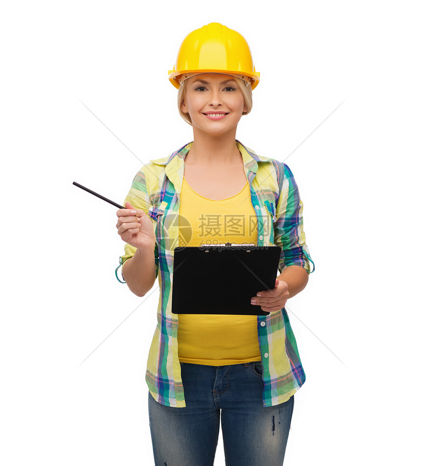 带着剪贴板戴头盔的笑着女人工作齿轮承包商建设者笔记建筑工具安全帽工人安全图片