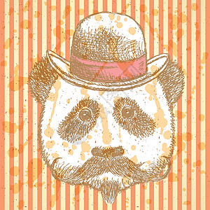 绅士帽披着胡子戴帽子的熊猫衣服草图先生投球胡须绘画野生动物潮人财富意外设计图片