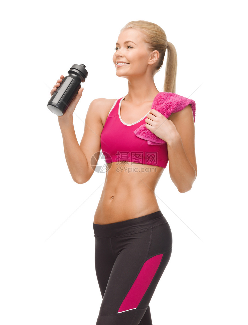 运动女运动员用自运动者瓶装水喝的饮用水健康减肥瓶子培训师重量运动装女孩脱水耐力毛巾图片