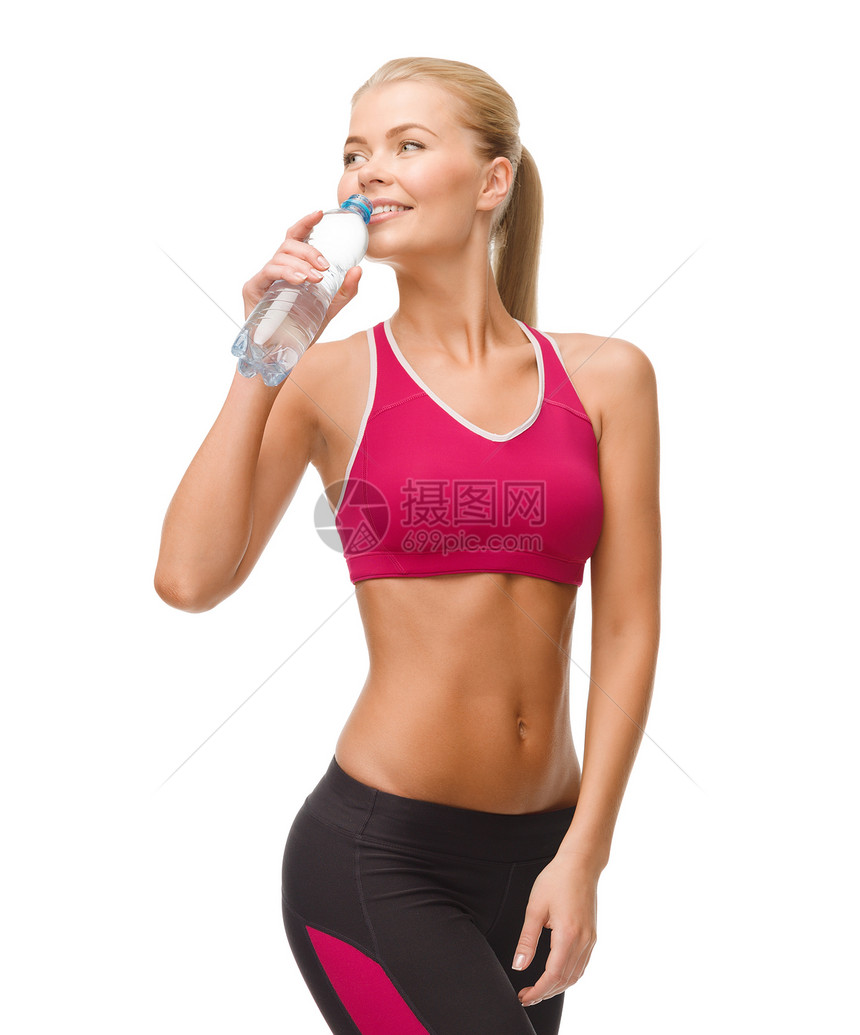 用水瓶装着微笑的女人瓶子减肥女孩重量教练健身房数字身体运动口渴图片