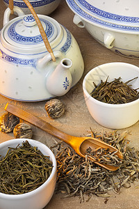 中国绿色茶勺子饮料茶壶背景图片