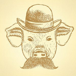 牛先生感到沮丧装有芥末 矢量背地的草皮猪墨水投球艺术先生绅士服装财富动物插图绘画设计图片
