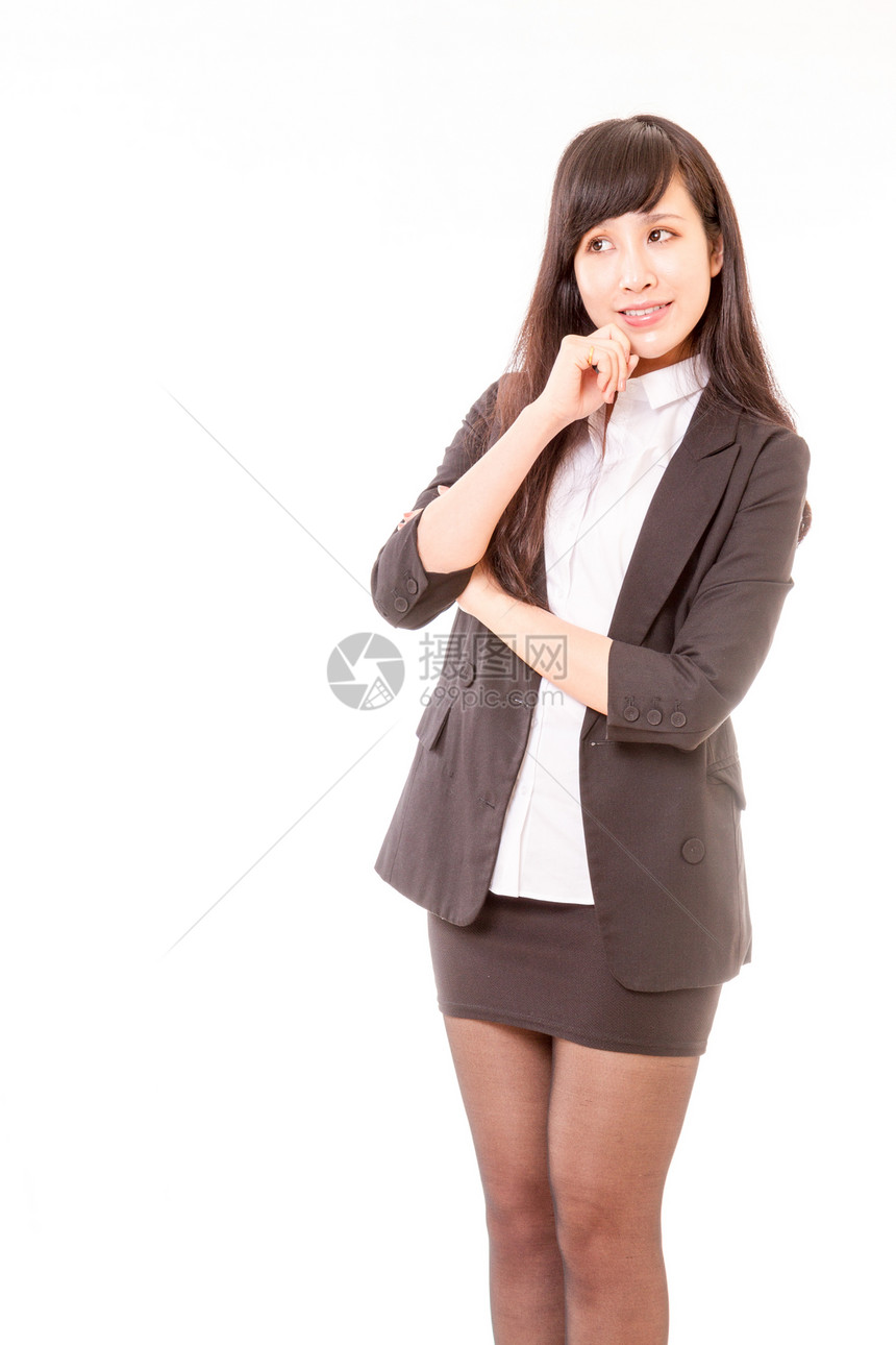 亚洲女商务人士的思考学生人士女性公司头发白色展示女士套装棕榈图片