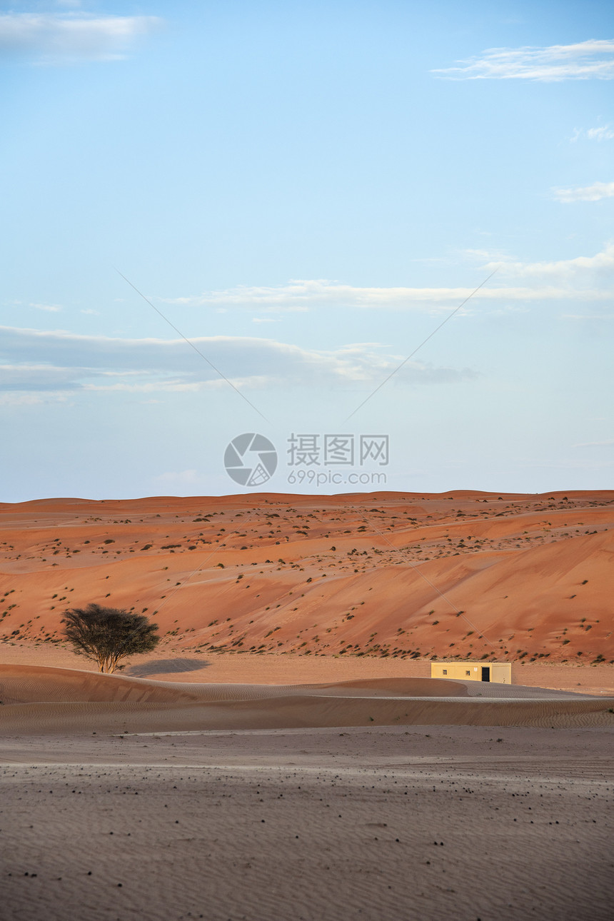 建造瓦希巴阿曼沙漠建筑衬套灌木丛旱谷天空蓝色旅行沙丘植物绿色假期图片