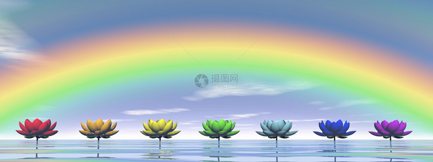 Chakras和彩虹  3D活力天空插图宗教百合海洋瑜伽冥想红色精神图片