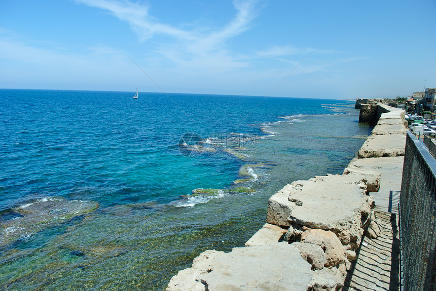 以色列阿克科海阿克里天空英亩石头蓝色旅行图片