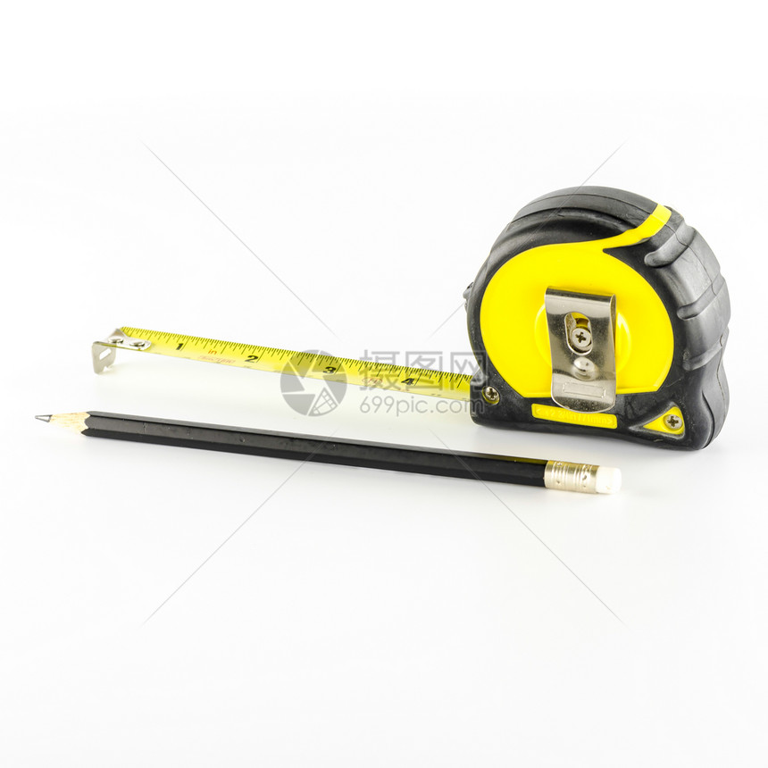 带铅笔的胶带锤子厘米维修磁带工程木头黄色工人建设者工具图片
