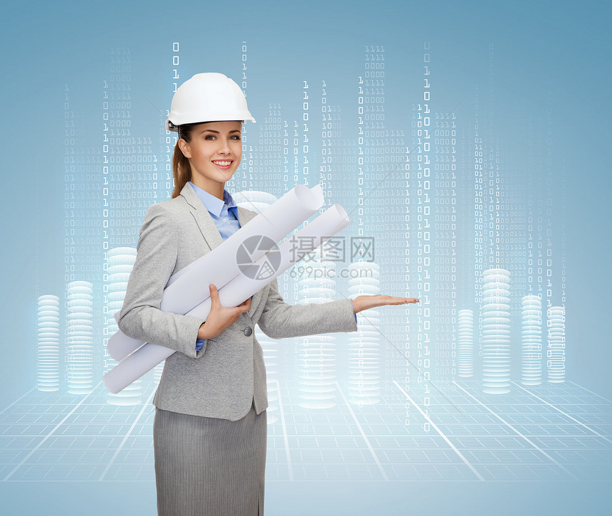 带着蓝图的白头戴白头盔的微笑建筑师项目女士工作密码开发商建设者棕榈摩天大楼建筑学企业家图片