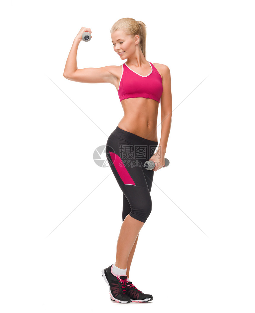 年轻运动女青年 有轻聋哑铃身体健身房力量饮食耐力二头肌重量教练数字微笑图片