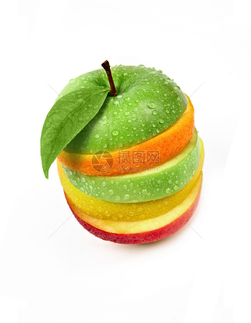 新鲜水果食物混合物叶子黄色红色柠檬绿色营养健康营销图片