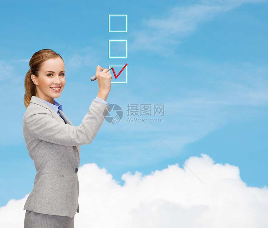 商业女商务人士用标记在空中写作清单技术展示企业家秘书木板天空空气商务触摸屏图片