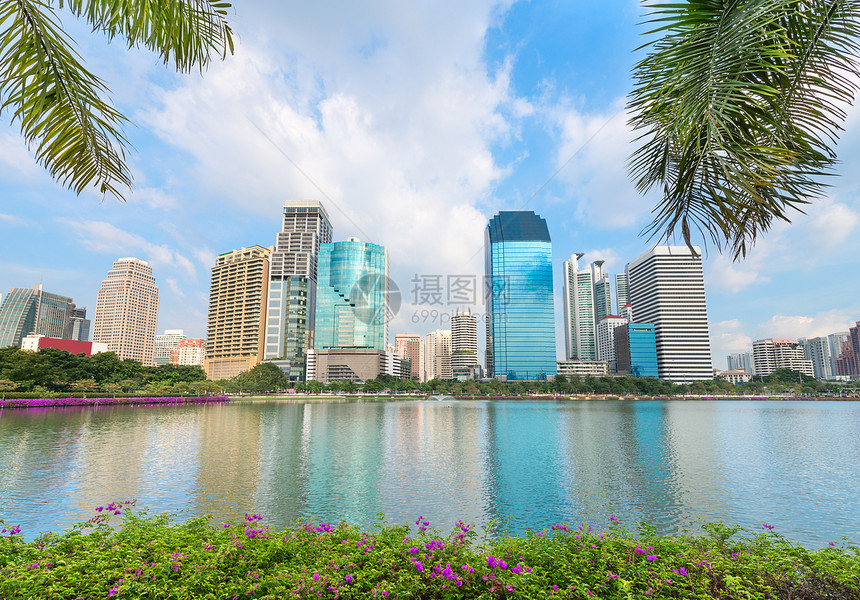 热带现代城市 前面有棕榈树和湖泊植物摩天大楼棕榈景观天空蓝色反射办公室全景叶子图片