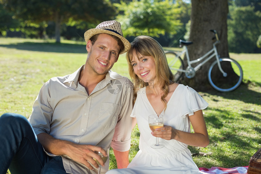 可爱的情侣喝白葡萄酒 在野餐上微笑着笑着看镜头公园白酒浅色阳光农村闲暇男人酒杯酒精男朋友图片