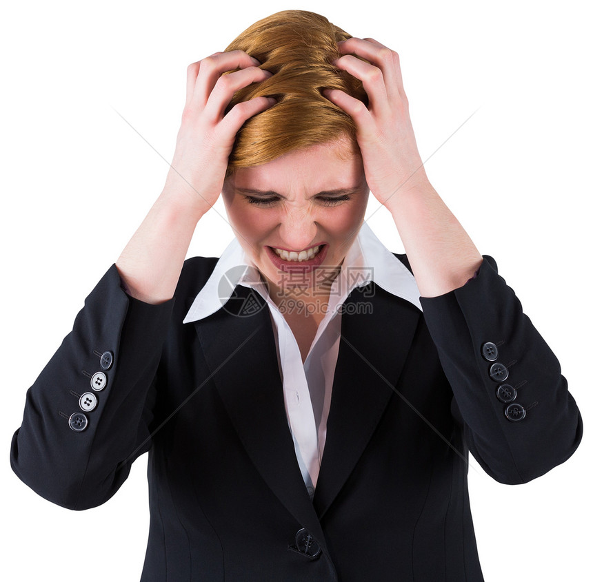头脑紧张的女商务人士用手顶着她的头女性职业挫折红发人士女士公司商务压力商业图片