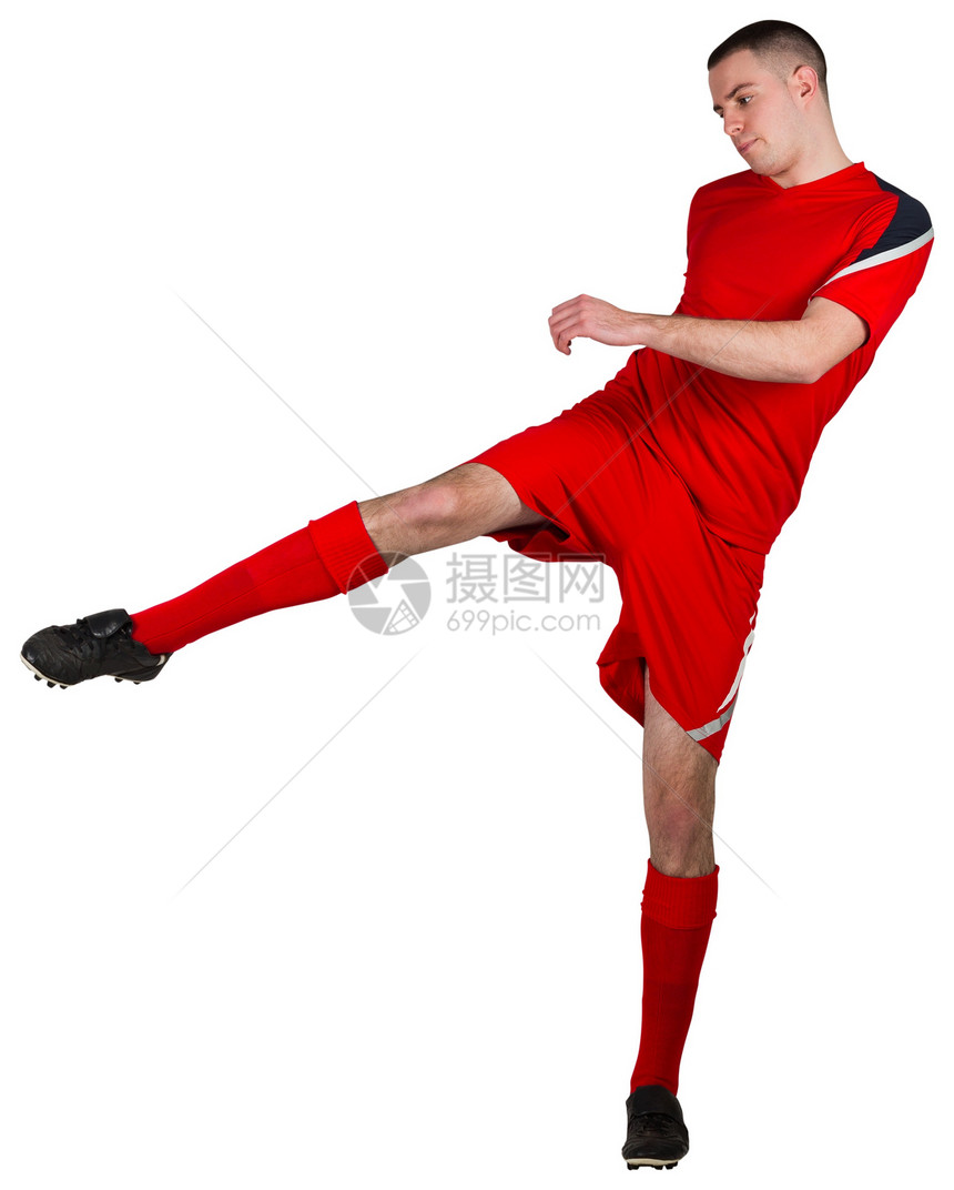健身足球运动员踢踢和踢球运动服红色播放器运动活动男性白色齿轮男人图片