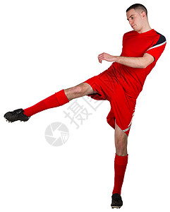 健身足球运动员踢踢和踢球运动服红色播放器运动活动男性白色齿轮男人背景图片