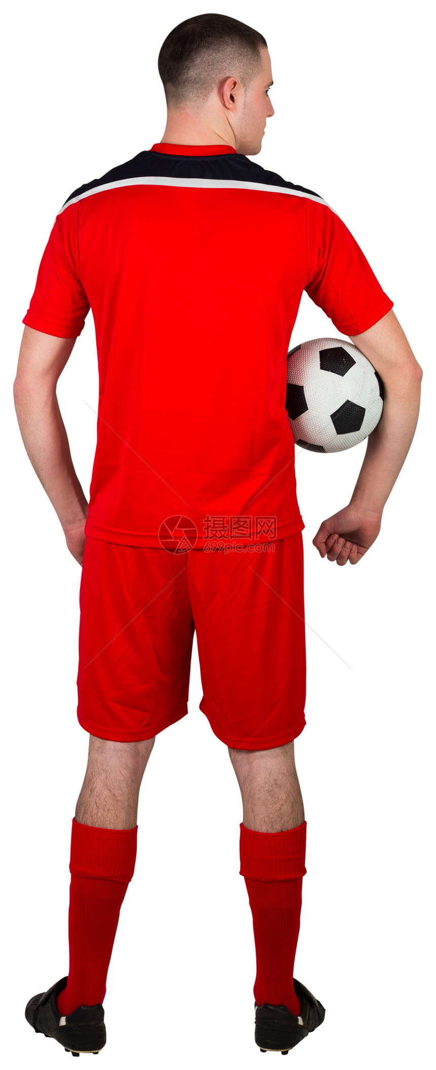 足球运动员握着球红色活动白色男人齿轮播放器运动男性运动服图片