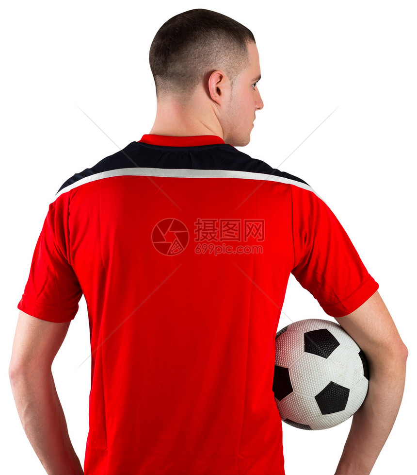 足球运动员握着球红色运动活动男性运动服齿轮男人播放器白色图片