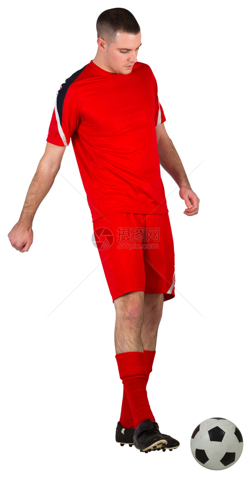 健身足球运动员与球赛播放器男人齿轮运动红色运动服活动男性白色图片