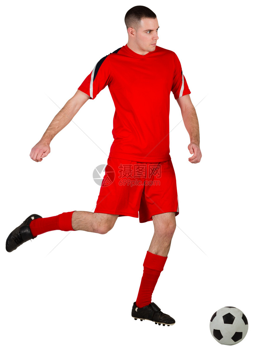 健身足球运动员与球赛播放器活动白色运动服运动红色男人男性齿轮图片
