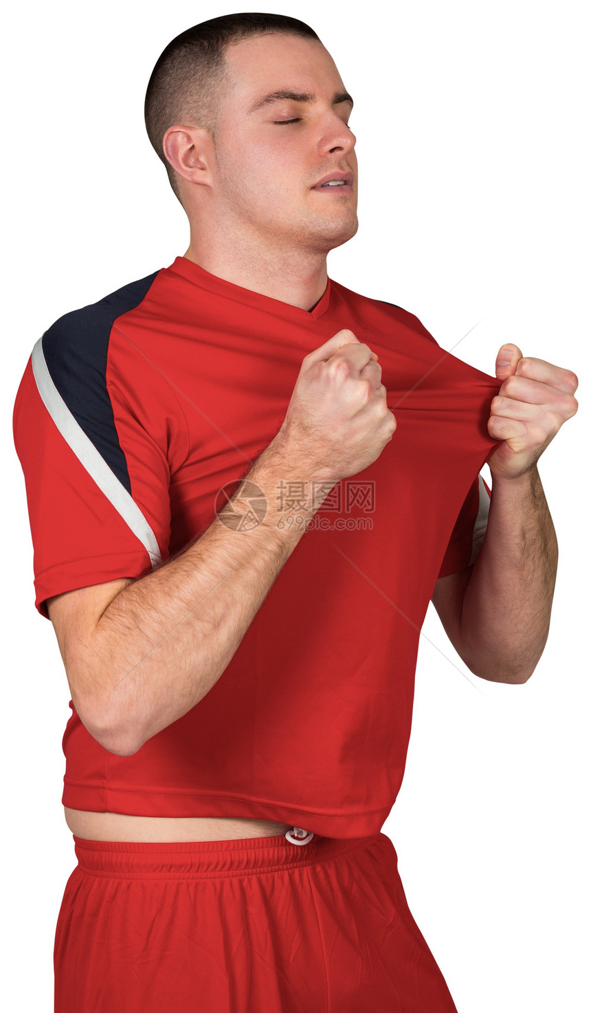 激动的足球运动员欢呼男人红色活动男性运动白色播放器运动服齿轮图片