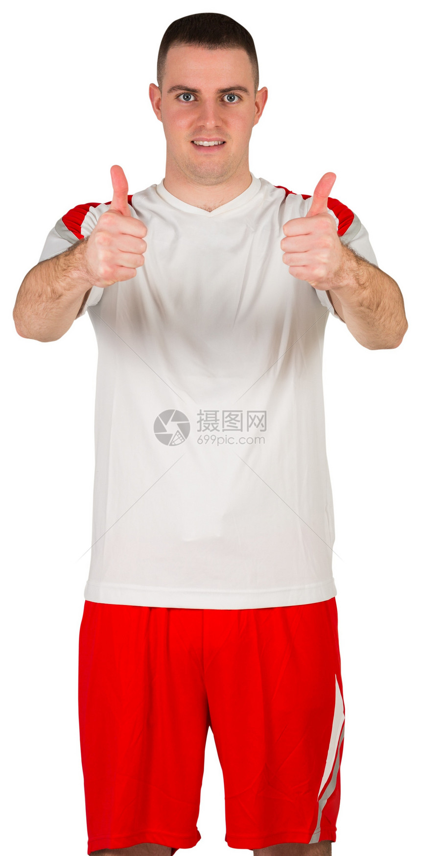 足球运动员显示大拇指活动沟通播放器双手运动服红色运动白色男人手势图片
