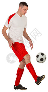 健身足球运动员与球赛播放器白色红色运动服活动男性运动男人齿轮背景图片
