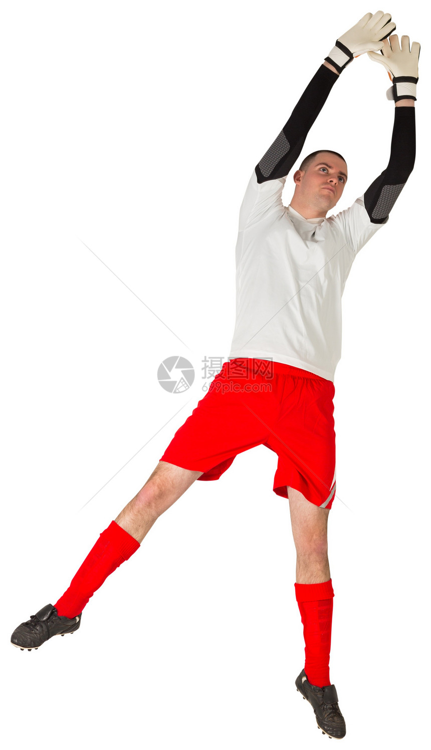 完美目标守门员跳起来运动服运动员活动齿轮足球红色白色播放器运动跳跃图片