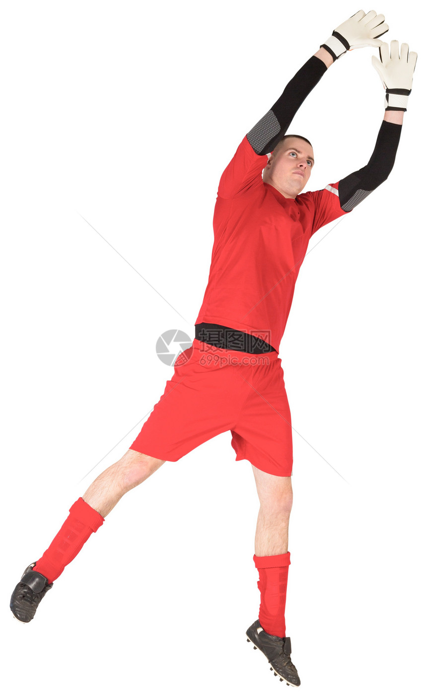 完美目标守门员跳起来男性男人活动红色运动员运动足球跳跃播放器齿轮图片