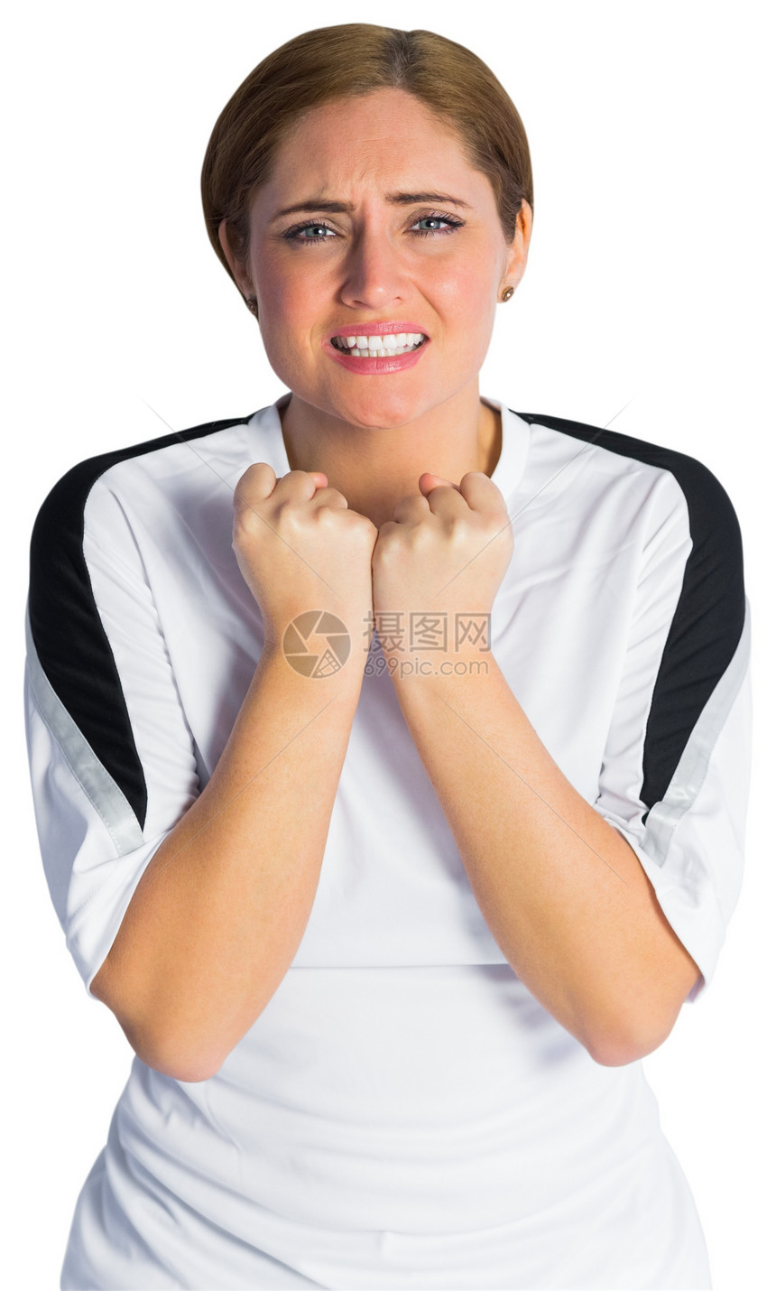 穿白装的紧张足球球迷观众球衣活力世界支持者扇子女性杯子神经白色图片