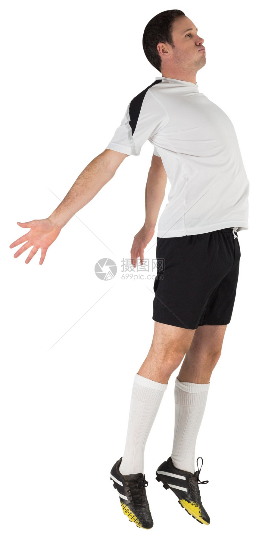 白跳跃中的足球运动员播放器运动齿轮运动服男人活动男性白色黑色图片