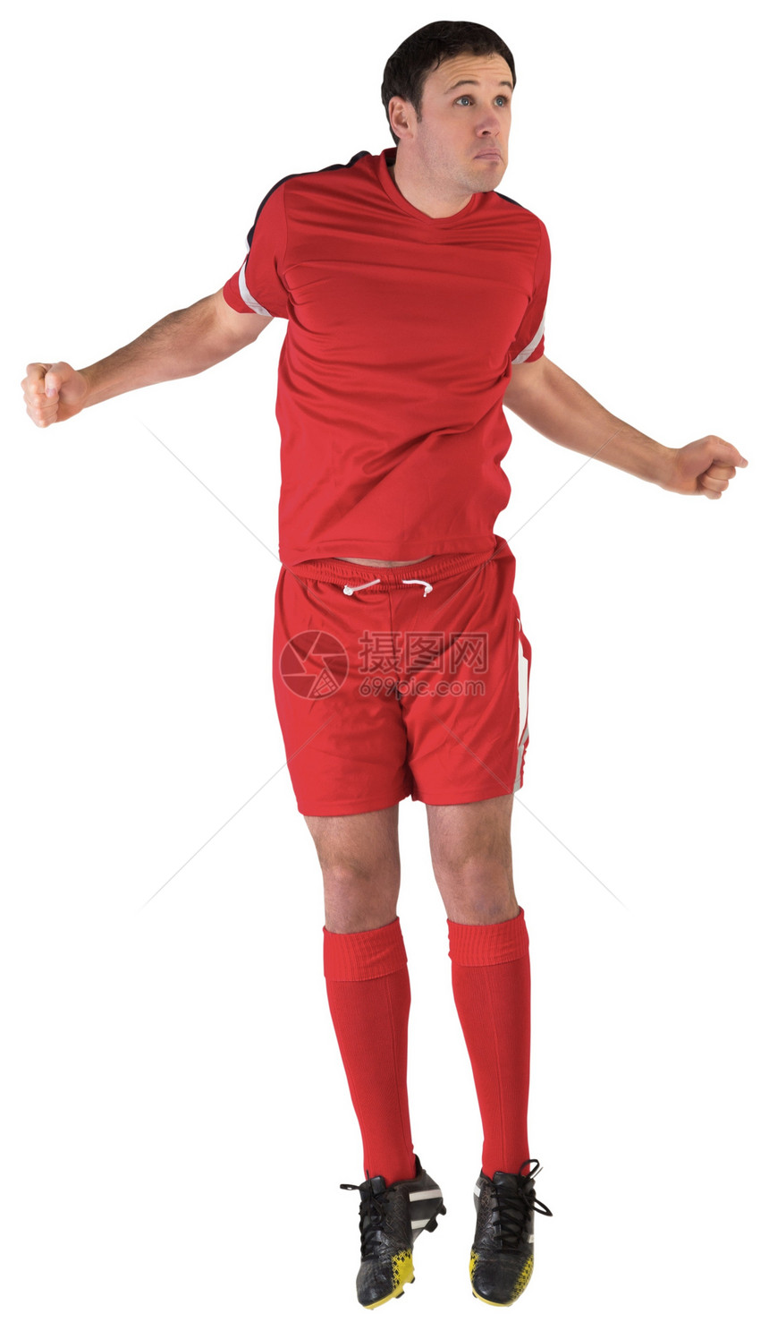 红跳的足球运动员运动服跳跃运动男人活动播放器男性红色齿轮图片