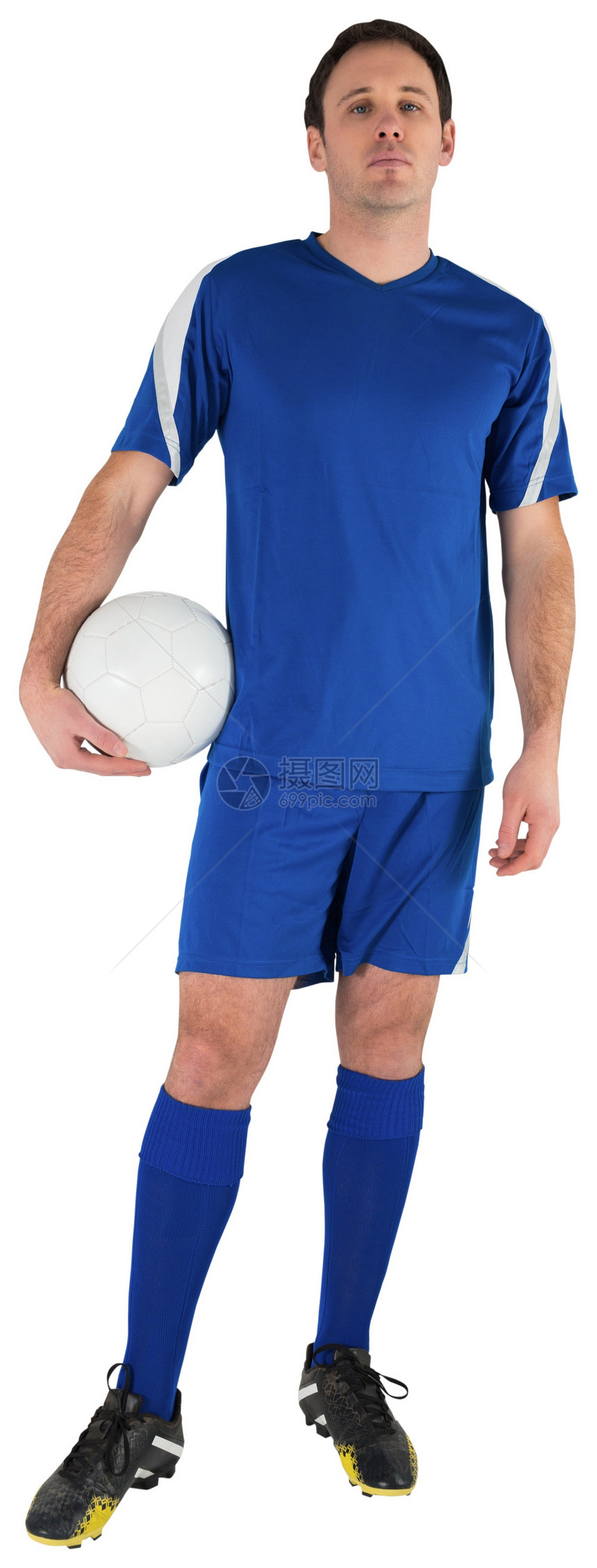 英俊的足球运动员握着球齿轮男性运动播放器蓝色活动男人运动服图片