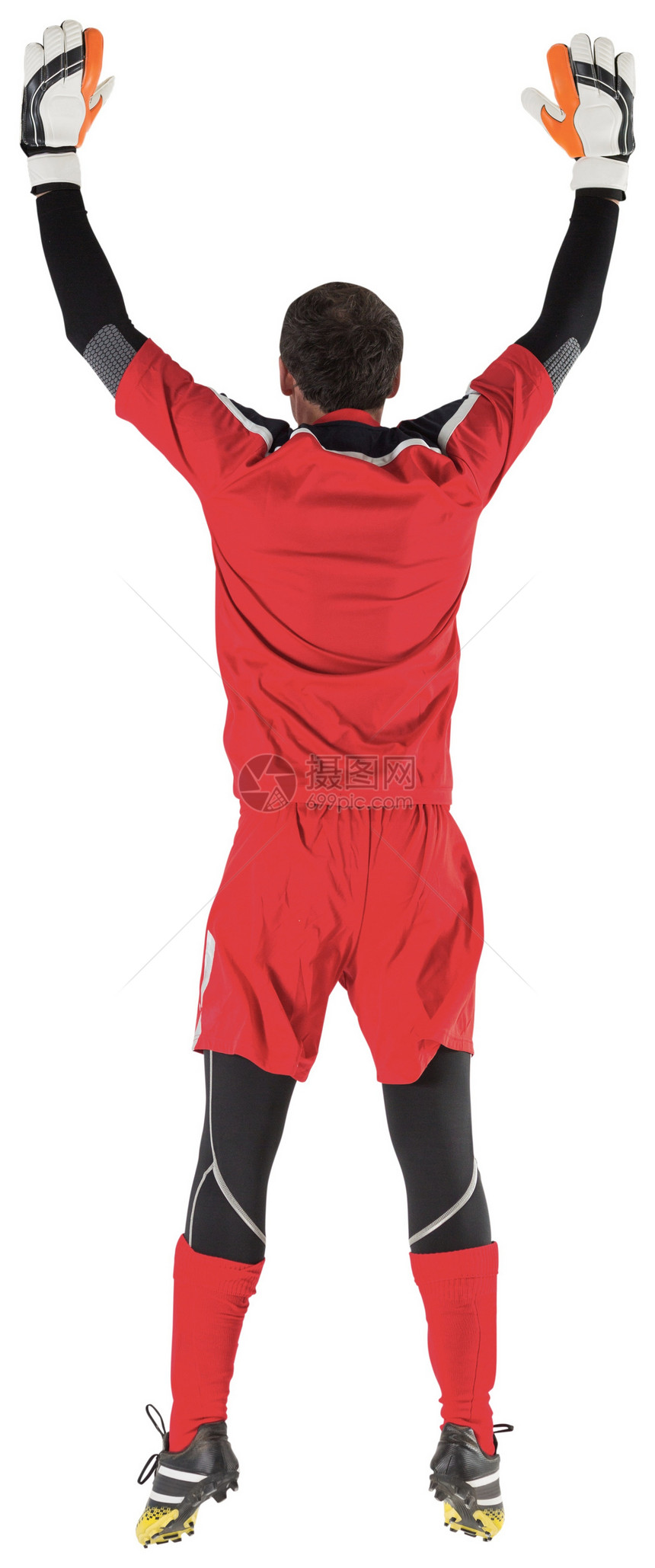 完美目标守门员跳起来拉伸运动员齿轮男性运动足球跳跃红色运动服播放器图片