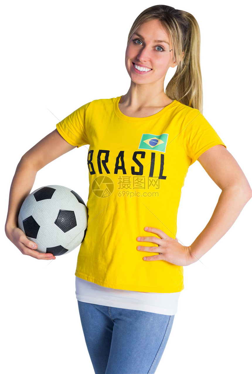 穿胸罩T恤的漂亮的足球球迷世界活力支持者快乐微笑扇子女性马尾辫女士杯子图片