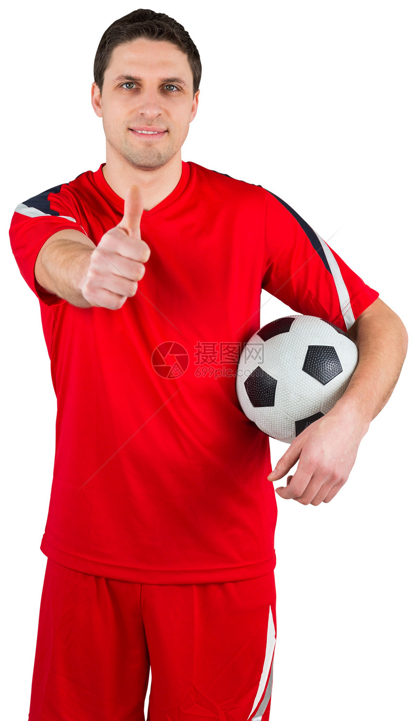 英俊的足球运动员在看摄影机男性活动双手快乐齿轮手势沟通红色运动服运动图片