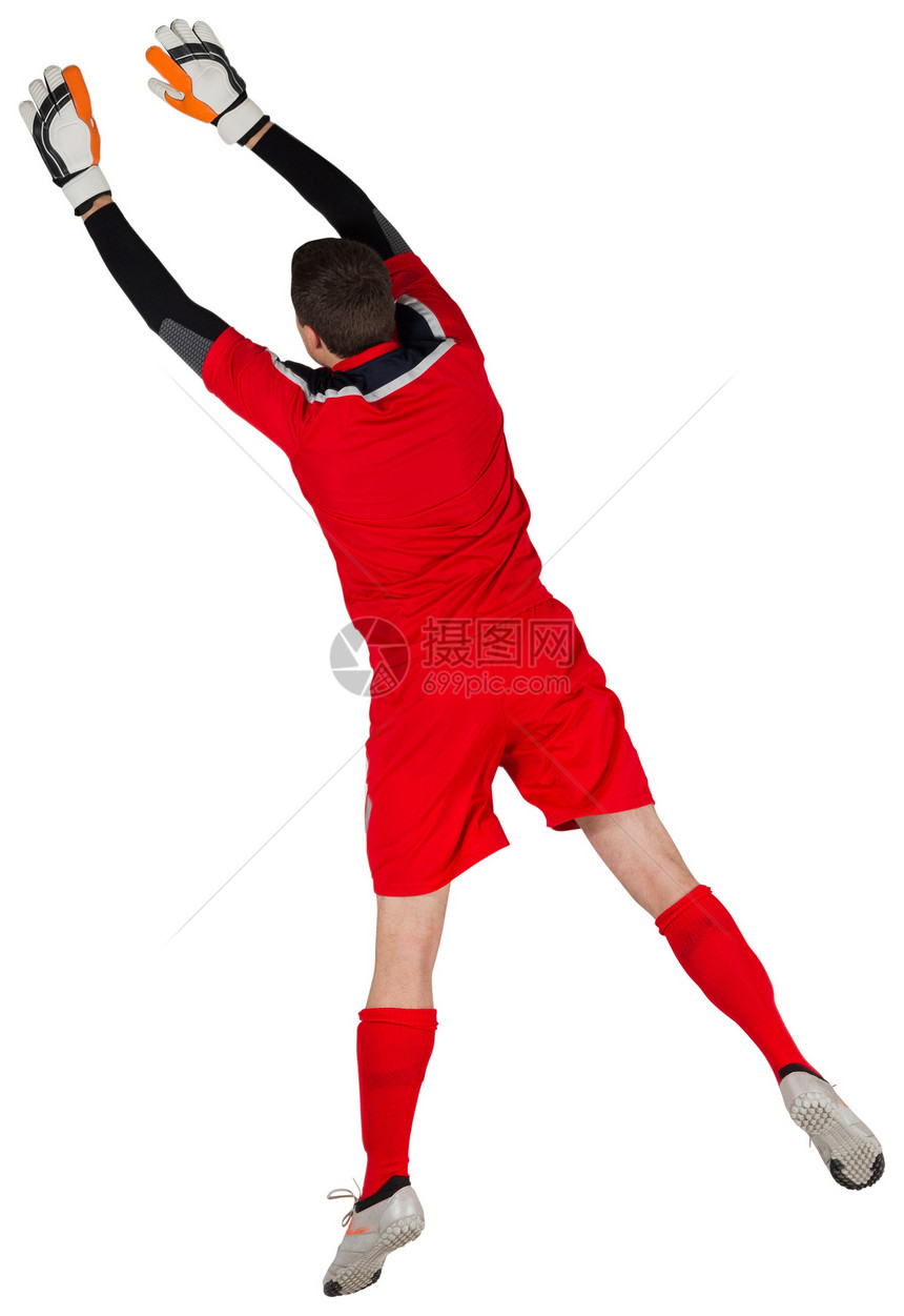 完美目标守门员跳起来活动运动运动服跳跃男人齿轮男性运动员红色足球图片
